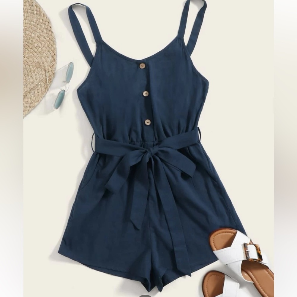 Navy Romper with Pockets and Cork Buttons
